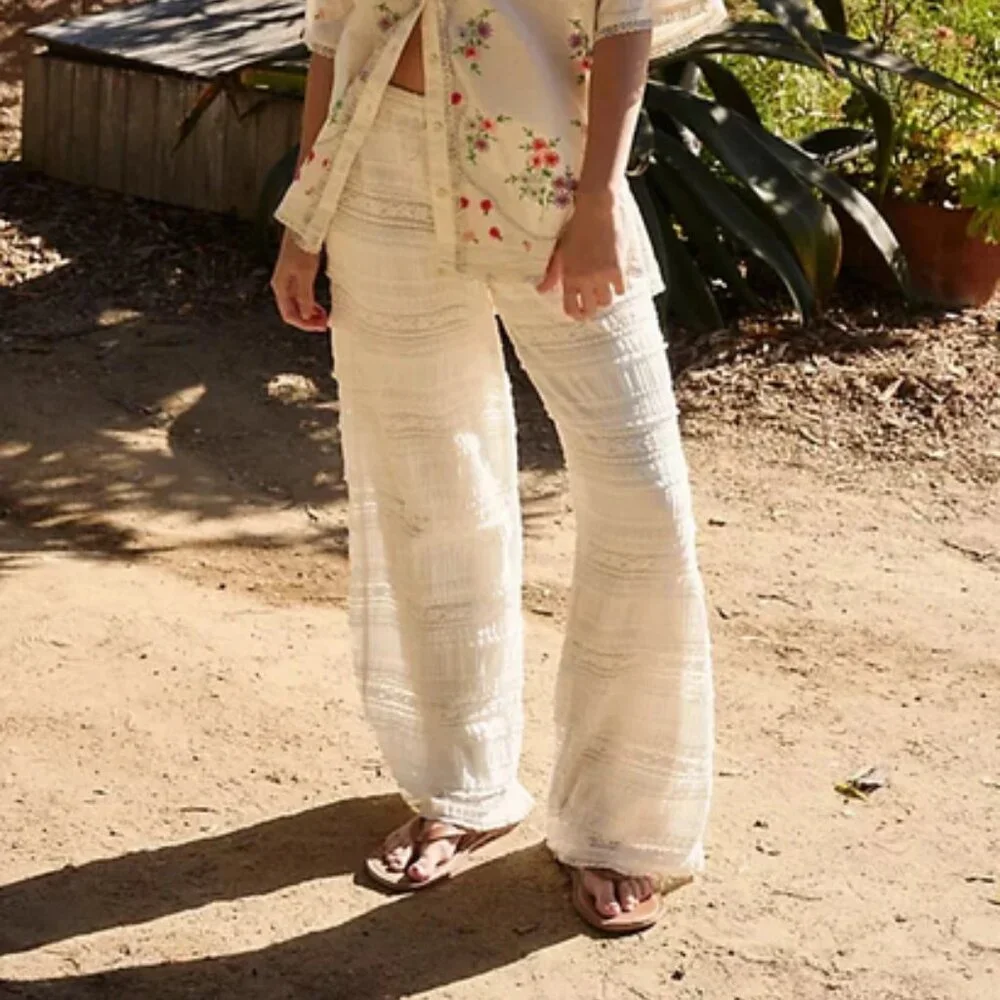Free People FP One Aiden Lace Pants Drawstring Tiered Mid-Rise S
